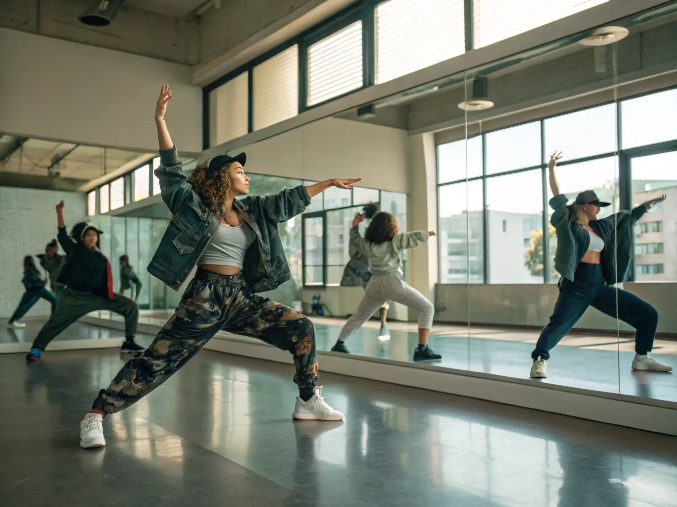 A vibrant group of dancers in a hip-hop class at RhythmFlow Studio, showcasing energetic moves and teamwork, with the instructor guiding them.