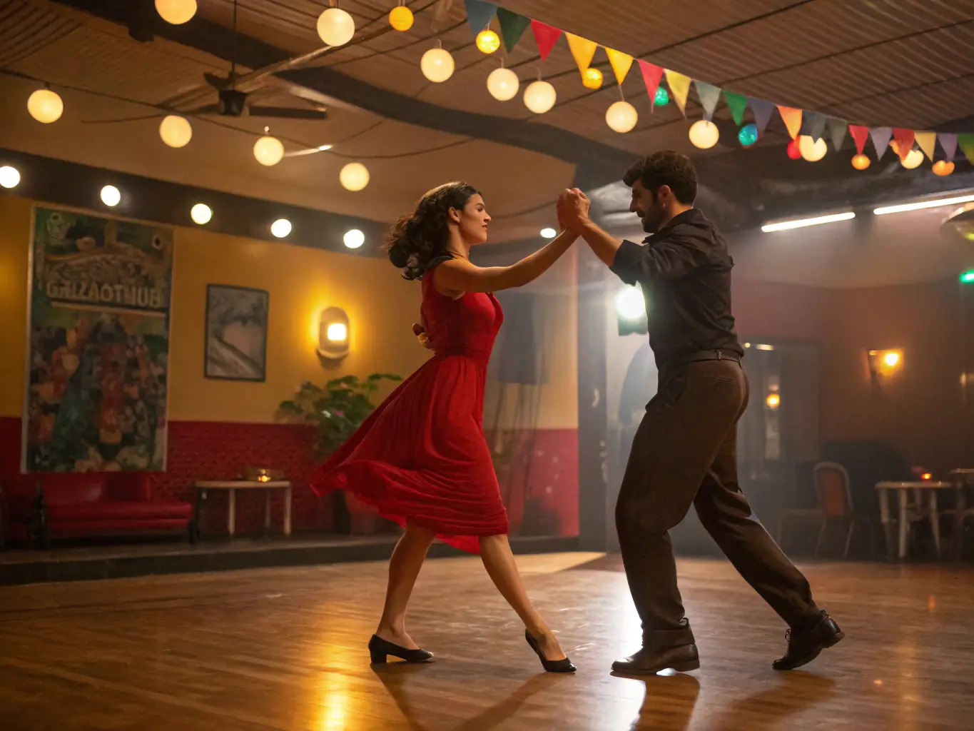 A lively salsa class at RhythmFlow Studio, with couples dancing closely and smiling, showcasing the passion and energy of the dance.